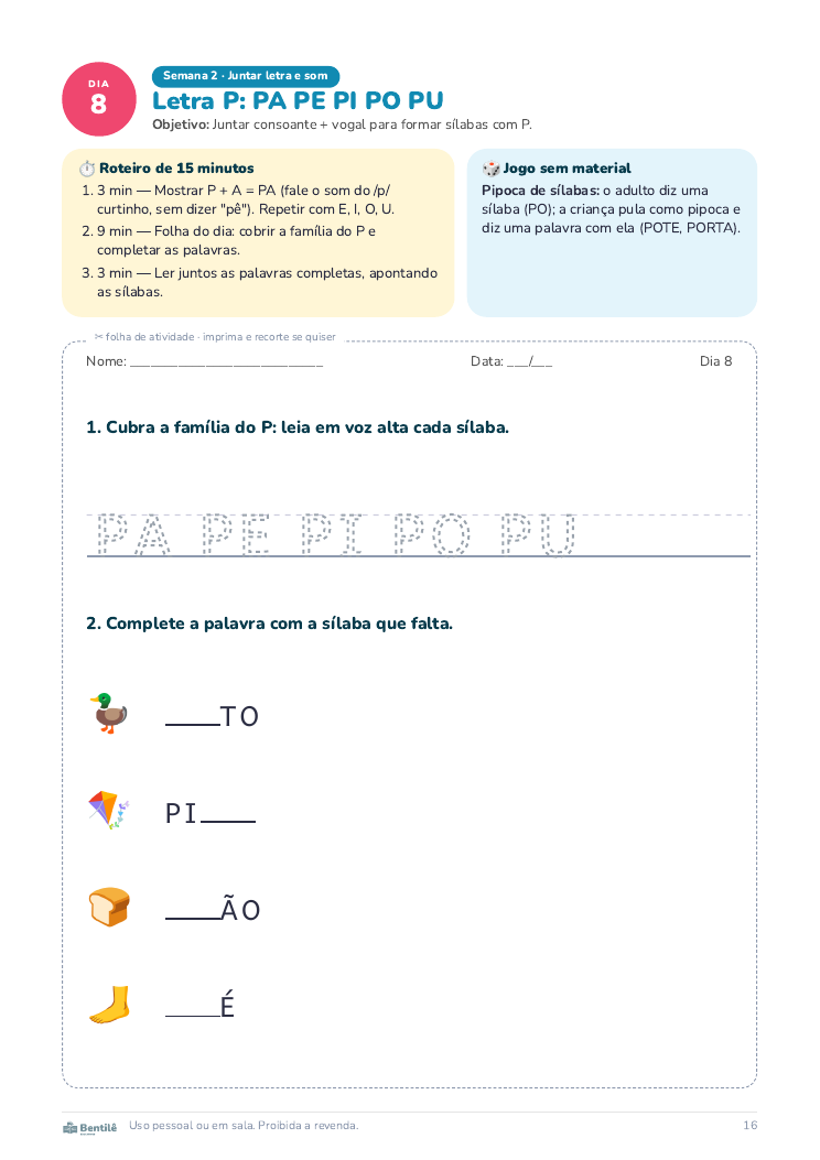 Página do Dia 8: Letra P